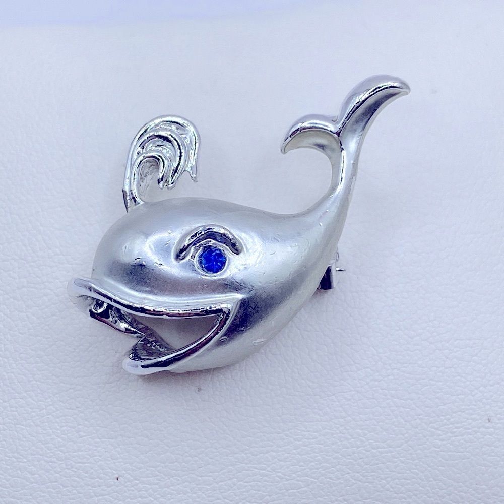 Vintage Silver Whale Brooch with Blue Rhinestone Eye - Nautical Kitsch